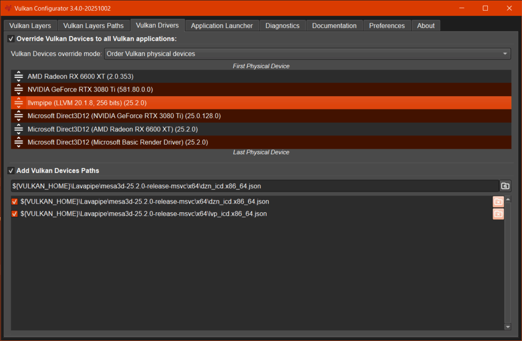 Screenshot of vkconfig with the new Vulkan Drivers tab